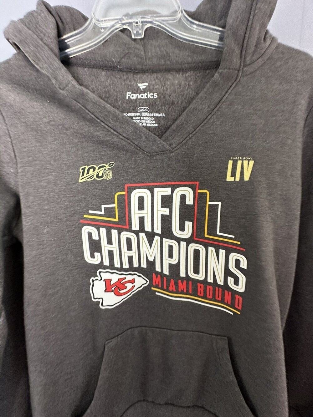 NFL Fanatics AFC Champion KC Chiefs Superbowl LIV Miami Bound Hoodie Used Large